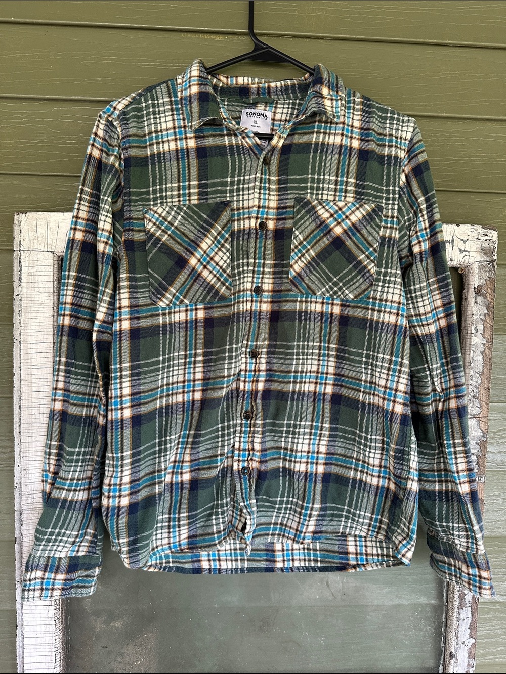 Sonoma Green Plaid Button-Front Flannel Shirt with Navy and Cream